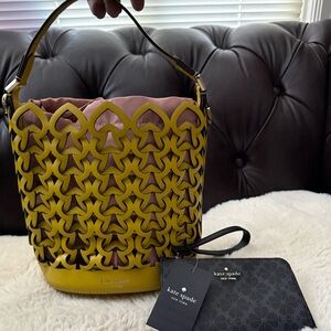 Kate Spade ♠️ 2-Pieces Yellow Cutout Leather Bucket Bag EUC w NWT wallet